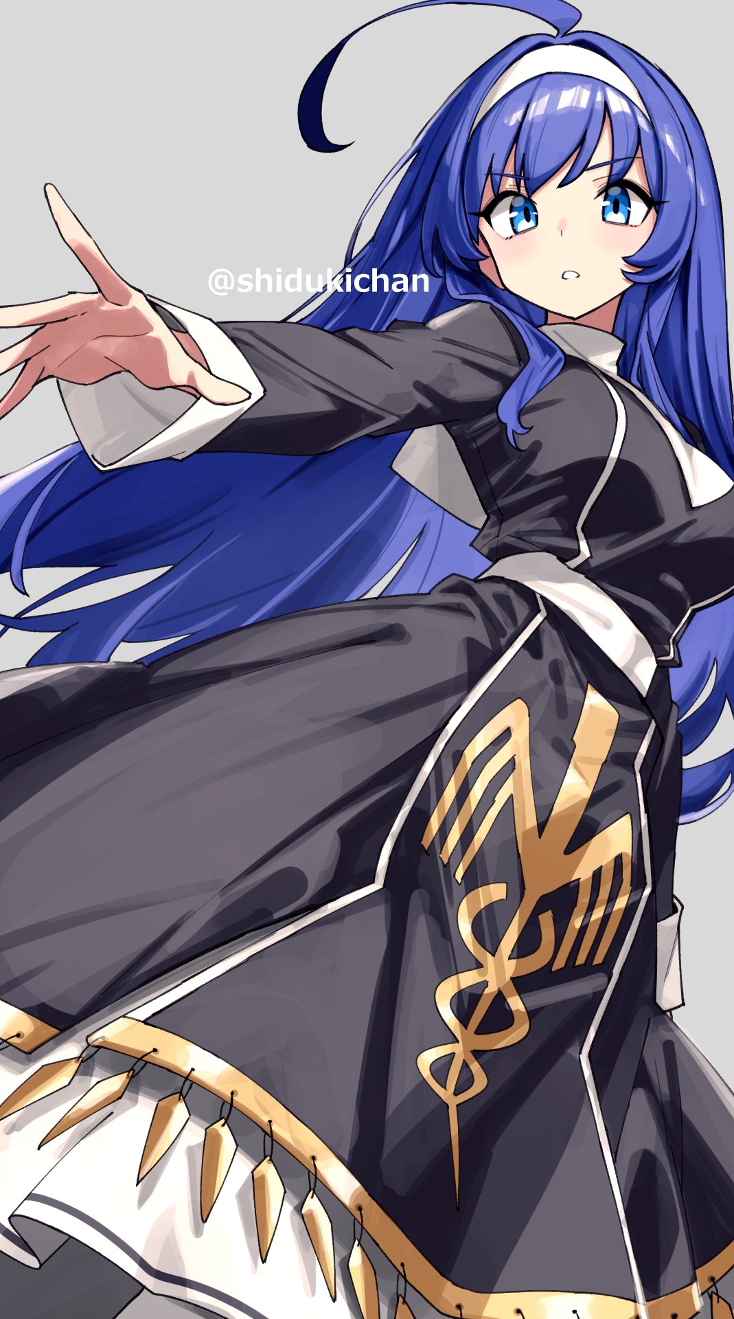 1girl, ahoge, black_dress, blue_eyes, blue_hair, cowboy_shot, dress, grey_background
