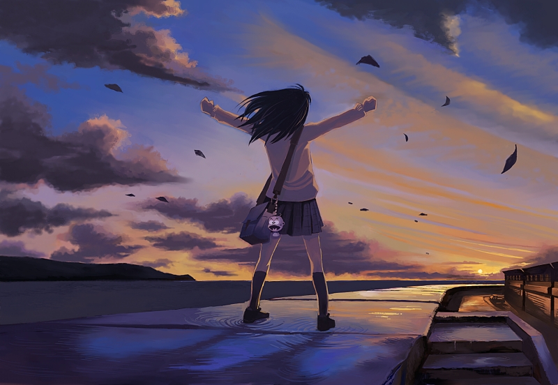 black_legwear, character_request, clenched_hand, clenched_hands, cloud, clouds, copyright_request, evening