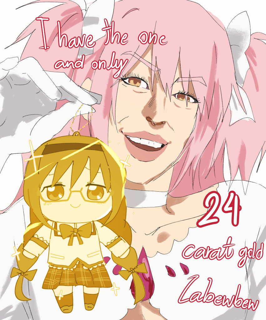 1girl, aayoii_00, absurdres, akemi_homura, bow, character_doll, choker, doll, english_text, glint, gloves, goddess_madoka, gold, hair_bow, highres, kaname_madoka, labubu, long_hair, looking_at_viewer, mahou_shoujo_madoka_magica, open_mouth, pink_hair, pop_mart, smile, solo, two_side_up, upper_body, white_bow, white_choker, white_gloves, yellow_eyes