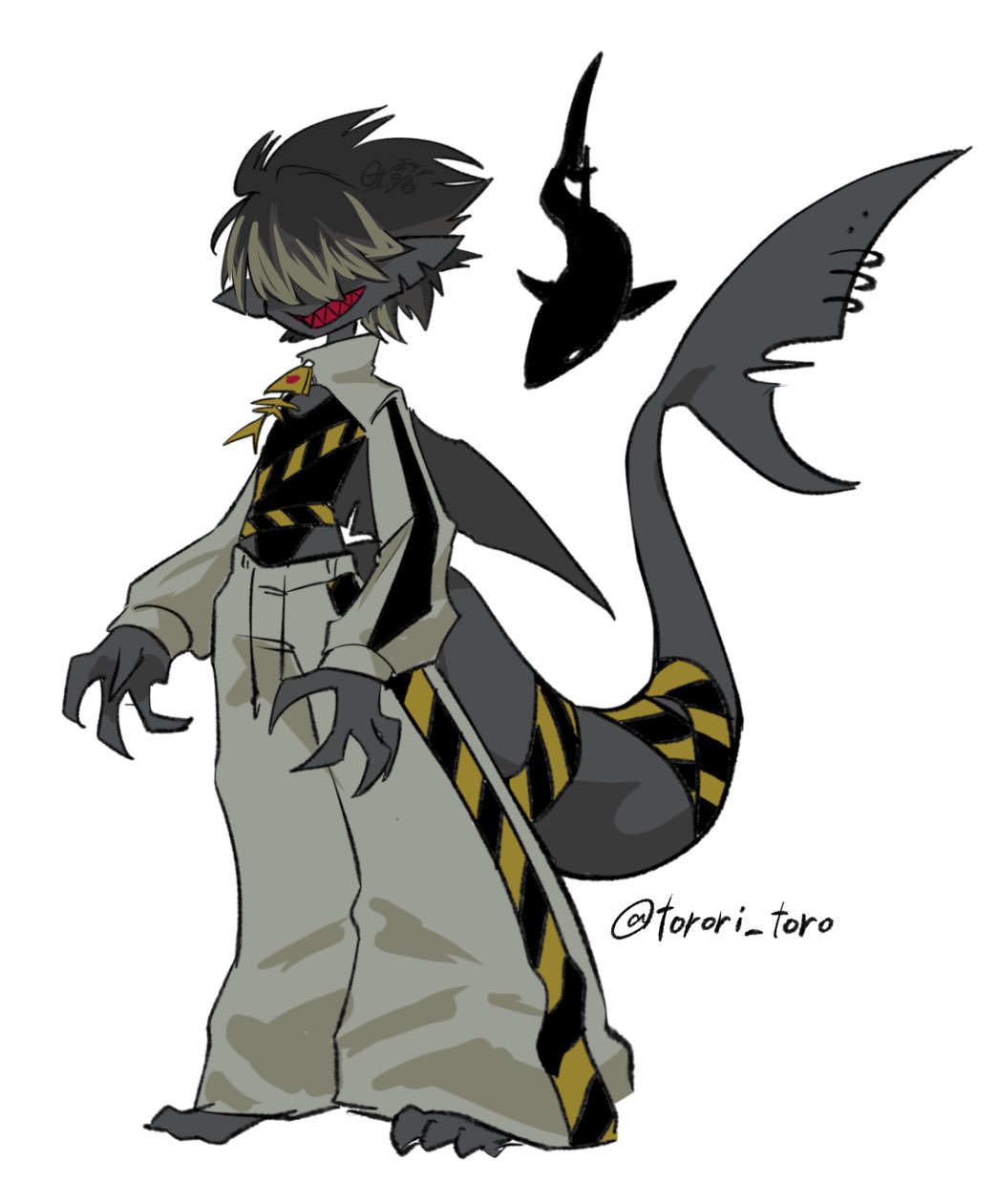 1girl, animal, baggy_pants, black_hair, black_leotard, black_skin, caution_tape, claws