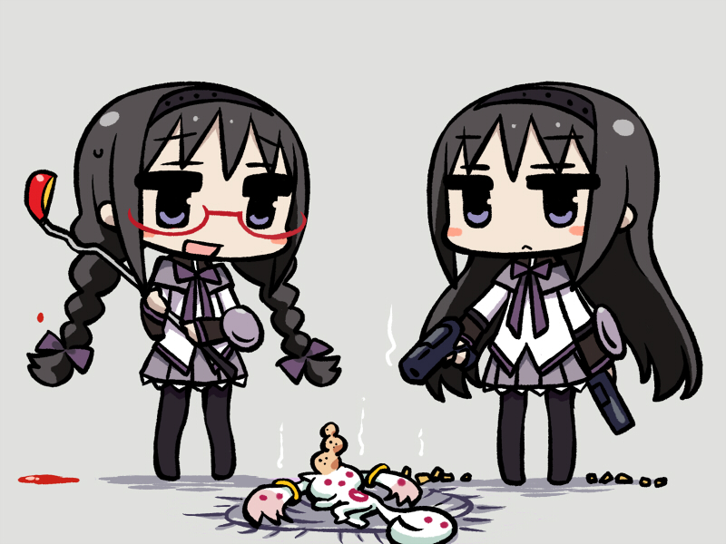 :<, akemi_homura, aoki_ume_(style), black_hair, black_legwear, blood, braid, chan_co