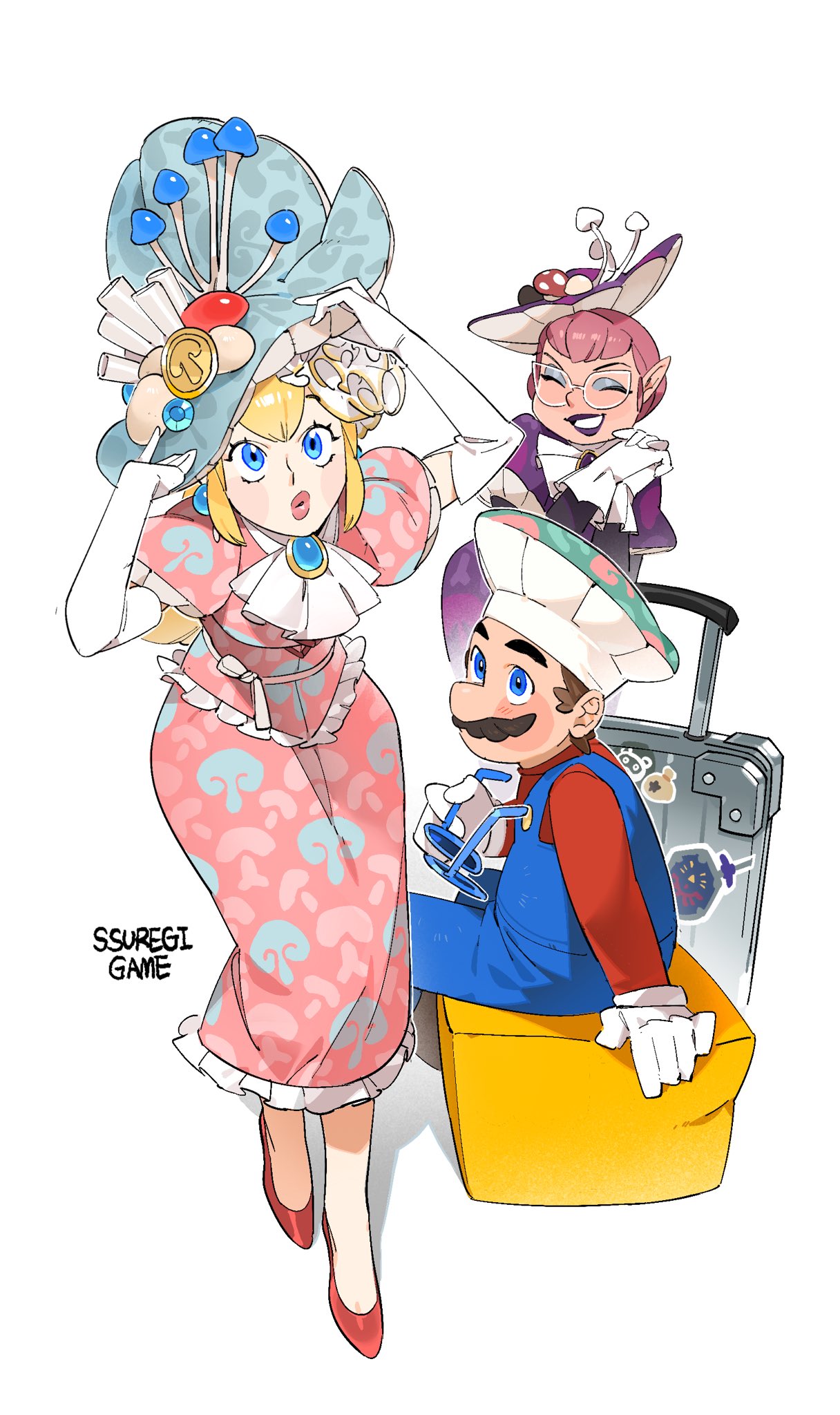 1boy, 2girls, ^_^, animal_crossing, artist_name, ascot, blonde_hair, blue_eyes