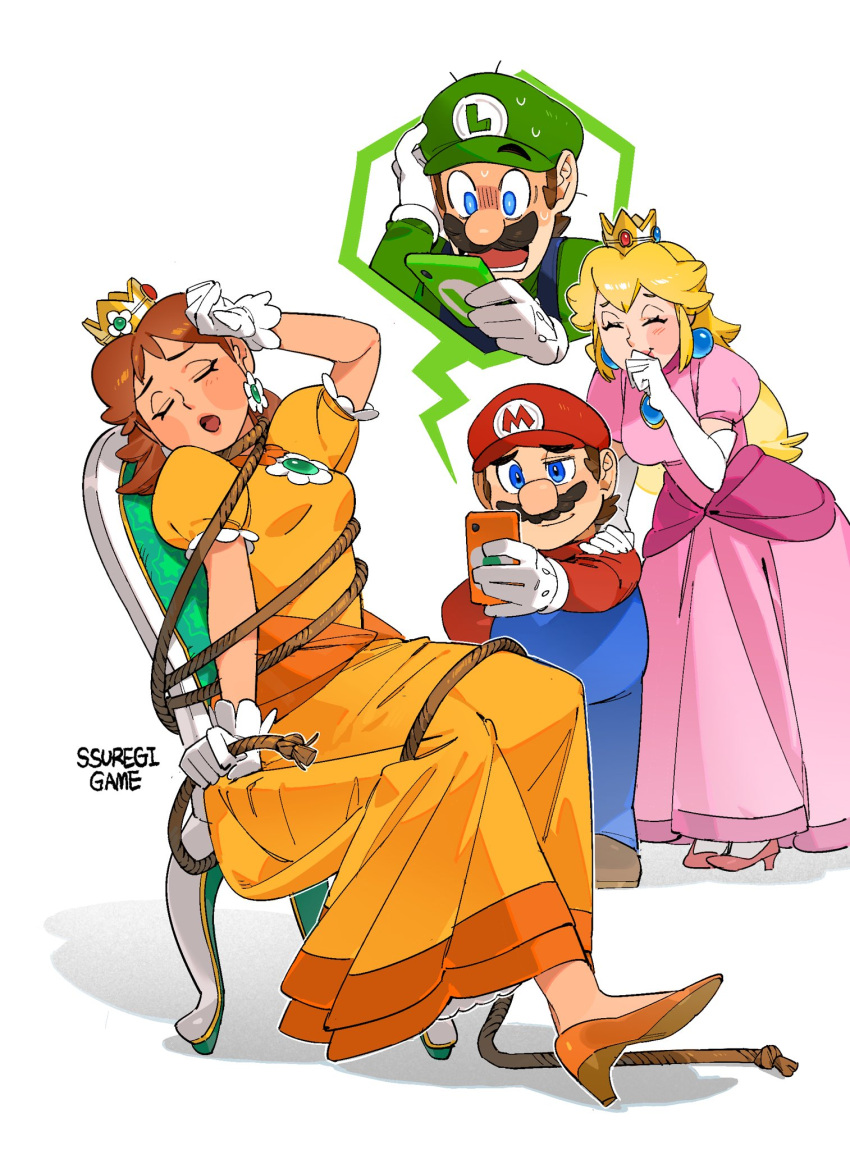 2boys, 2girls, :o, ^_^, arm_up, artist_name, blonde_hair, blue_eyes