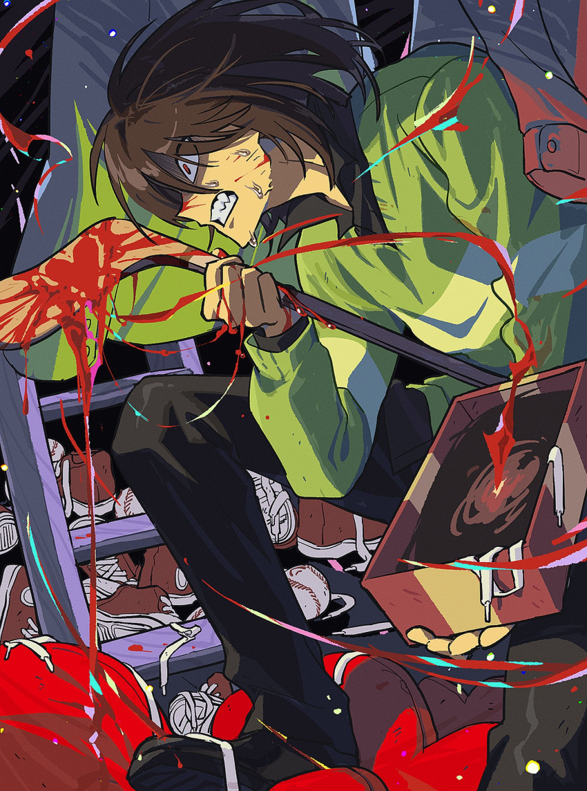 1other, androgynous, black_pants, blood, box, brown_hair, clenched_teeth, colored_skin