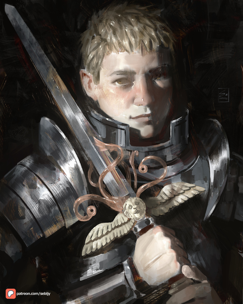 1boy, armor, artist_name, blonde_hair, commentary, dungeon_meshi, english_commentary, highres
