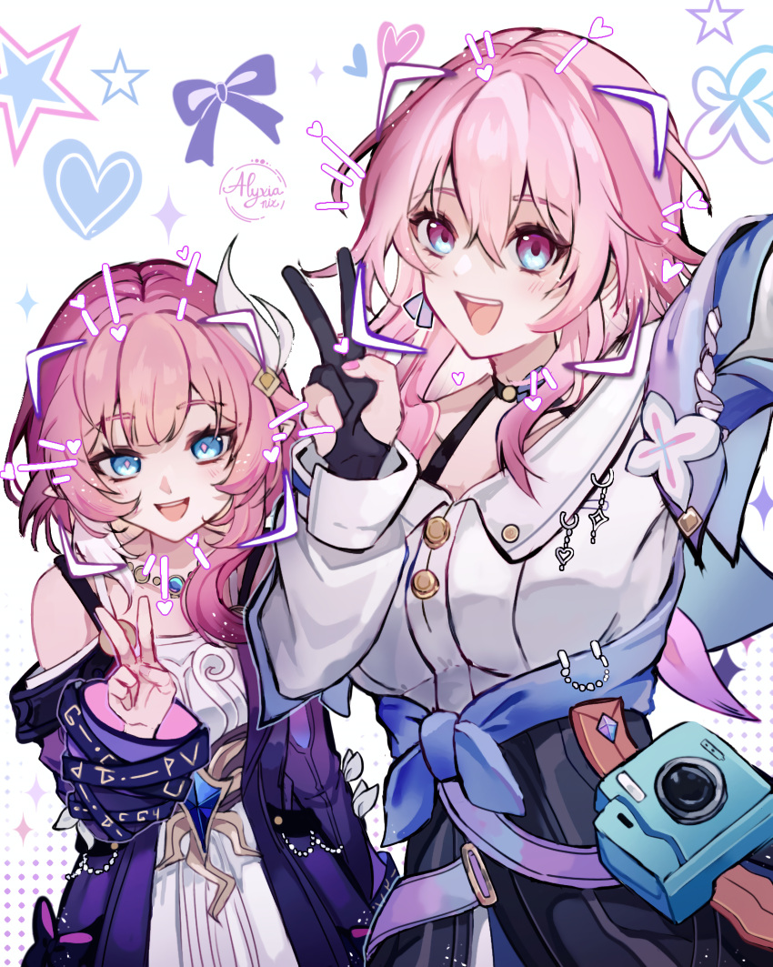 2girls, absurdres, artist_name, black_gloves, blue_eyes, blue_skirt, breasts, camera