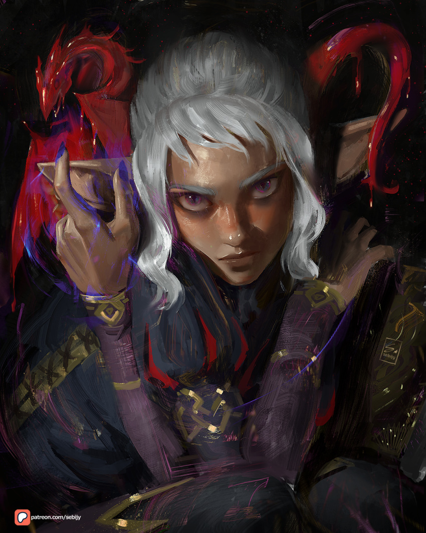 1boy, androgynous, artist_name, commentary, dark-skinned_male, dark_elf, dark_skin, dragon