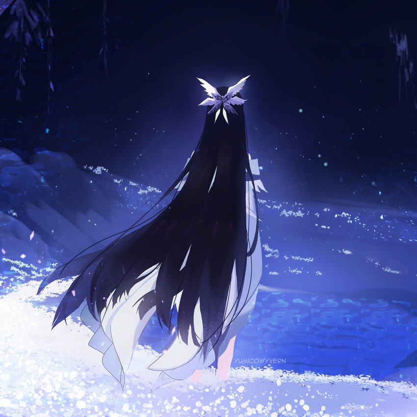 1girl, black_hair, columbina_(genshin_impact), dress, feather_hair_ornament, feathers, floating_hair, from_behind