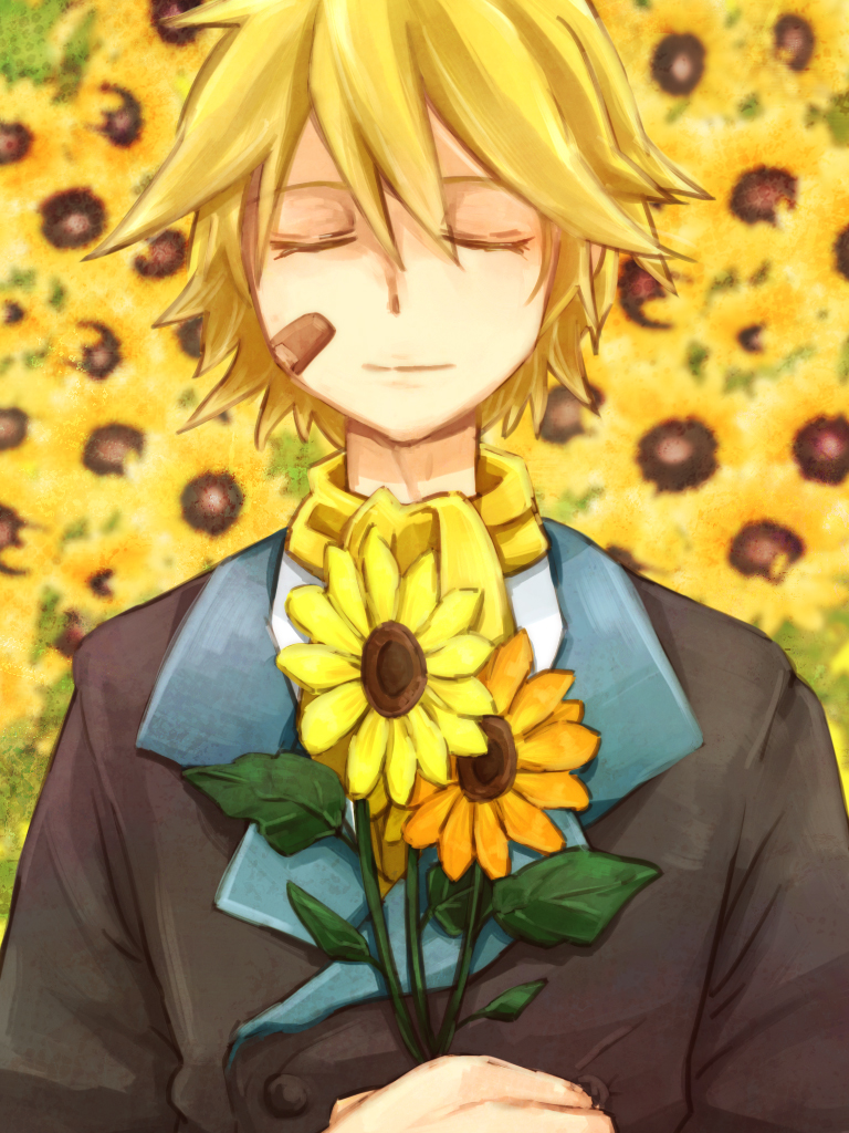 1boy, bandaid, bandaid_on_face, blazer, blonde_hair, closed_eyes, death, flower