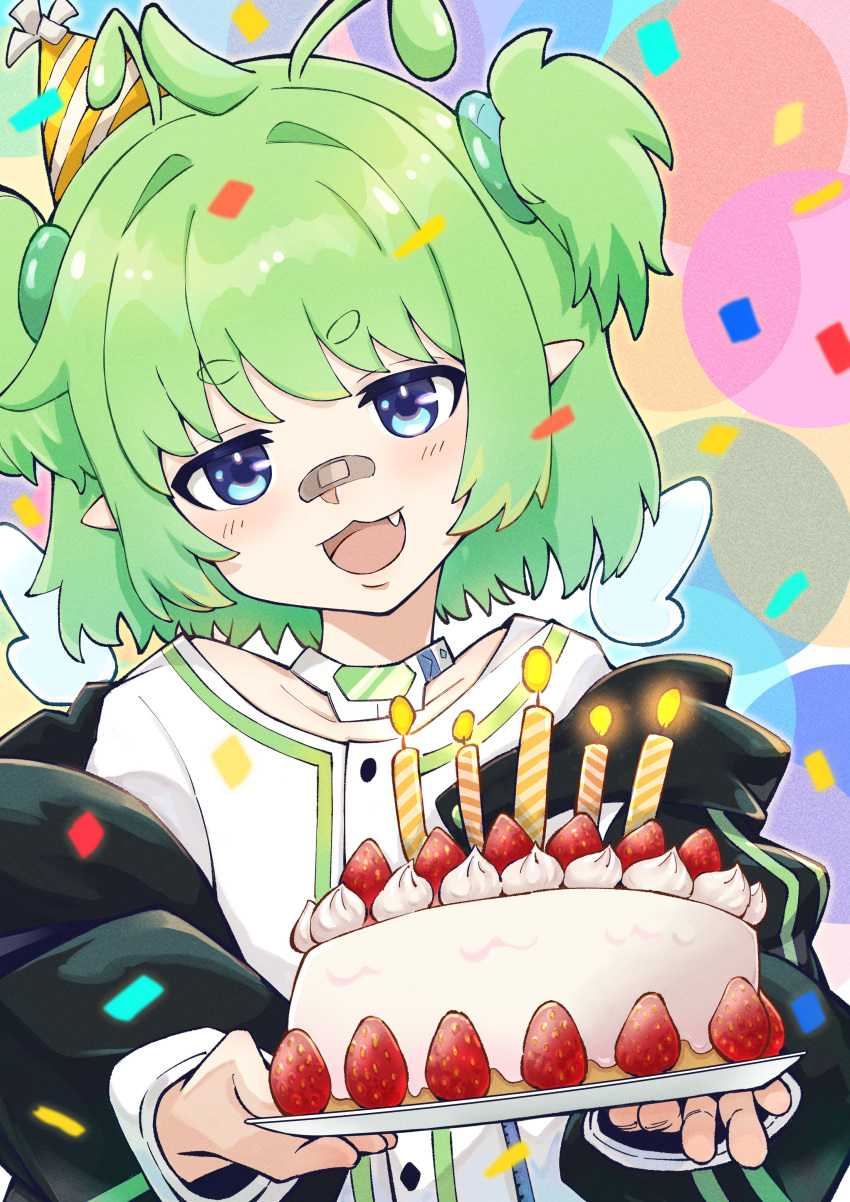 1girl, absurdres, ahoge, antennae, bandaid, bandaid_on_face, bandaid_on_nose, birthday_cake
