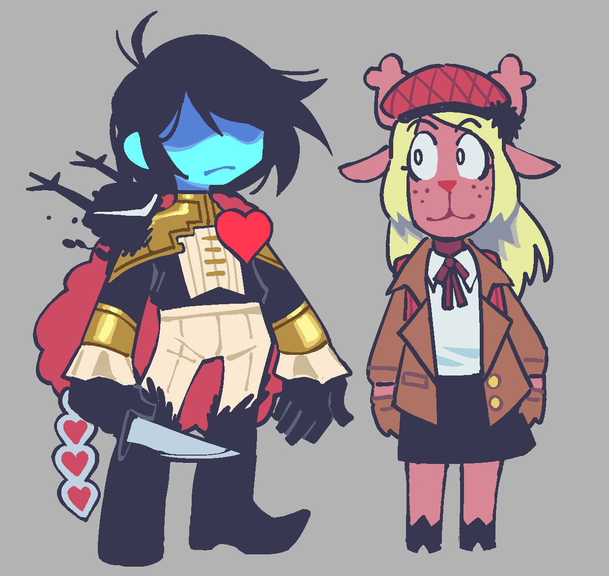 1girl, 1other, antlers, blonde_hair, blue_skin, bob_cut, caliginousarts, closed_mouth, colored_skin, cosplay, deer_girl, deltarune, full_body, heart, hooves, horns, ichi_(madan_no_ichi), ichi_(madan_no_ichi)_(cosplay), king_uroro, kris_(dark_world)_(deltarune), kris_(deltarune), kumugi_(madan_no_ichi), kumugi_(madan_no_ichi)_(cosplay), looking_at_another, madan_no_ichi, noelle_holiday, reindeer_antlers, shaded_face, simple_background