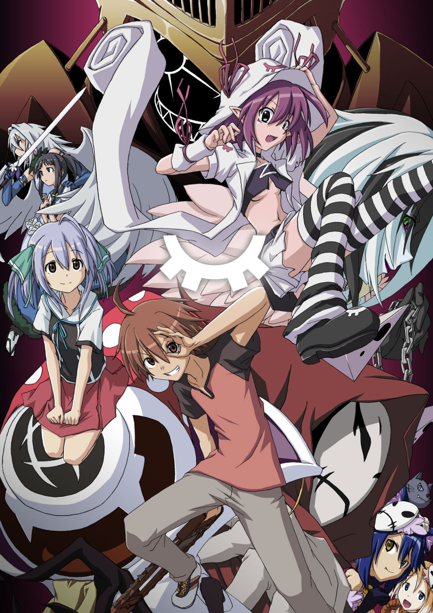 :d, albireo_(yumekui_merry), animal_ears, black_eyes, black_hair, blue_eyes, blue_hair, breasts, brown_eyes, brown_hair, cat, chain, character_request, cyclops, elbow_gloves, engi_threepiece, everyone, fang, fujiwara_yumeji, gloves, green_eyes, grin, helm, helmet, hercules_(yumekui_merry), highres, hood, john_doe_(yumekui_merry), kounagi_yui, landsborough, long_hair, loose_socks, mask, merry_nightmare, midriff, miniskirt, multicolored_hair, noir_(yumekui_merry), open_mouth, pale_skin, pauldron, pauldrons, ponytail, purple_hair, raglan_sleeves, saw, school_uniform, shirosame, shoes, skirt, smile, sneakers, socks, spica_(yumekui_merry), striped, striped_legwear, striped_socks, sword, symbol-shaped_pupils, tachibana_isana, thighhighs, twintails, two-tone_hair, underboob, very_long_hair, weapon, white_hair, wings, yellow_eyes, yumekui_merry, zettai_ryouiki