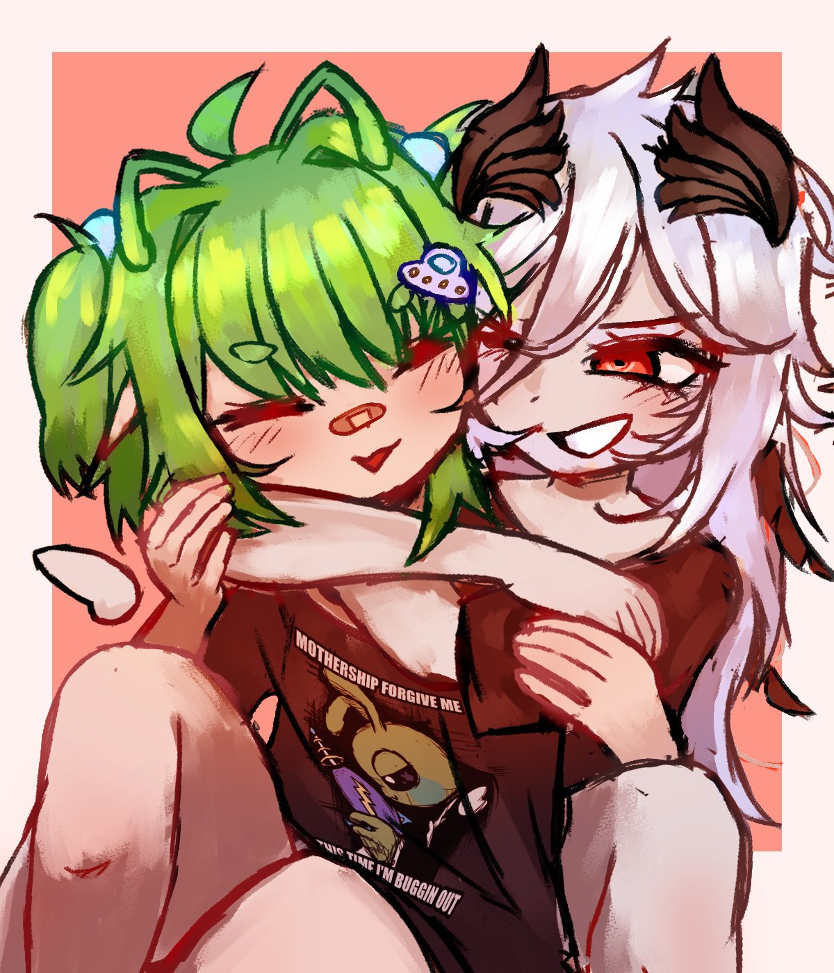 2girls, ahoge, antennae, bandaid, bandaid_on_face, bandaid_on_nose, black_shirt, closed_eyes