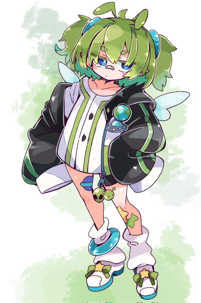 1girl, ahoge, antennae, bandaid, bandaid_on_face, bandaid_on_nose, blue_eyes, ferumi_kaipa