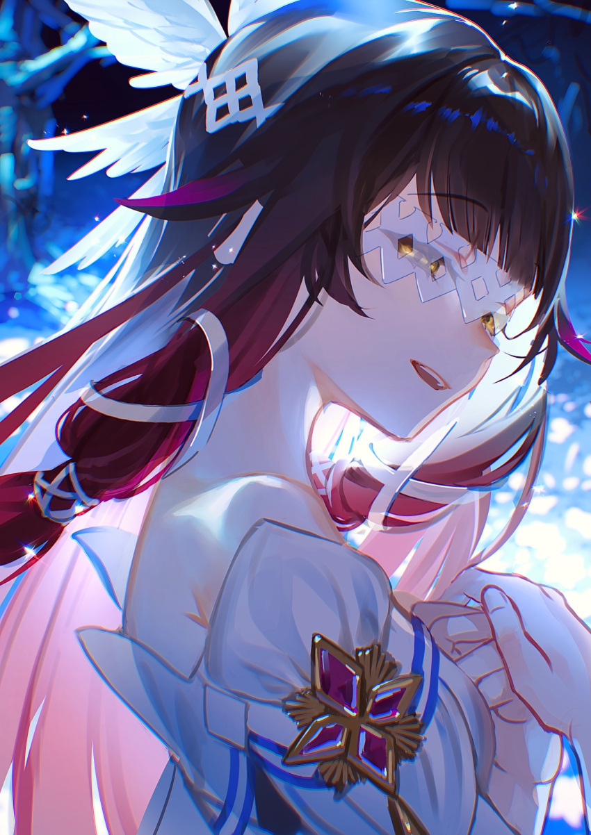 1girl, bare_shoulders, black_hair, blunt_bangs, columbina_(genshin_impact), covered_eyes, dress, feather_hair_ornament