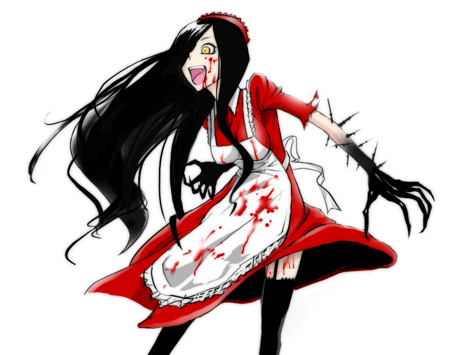 blood, claws, crazy_eyes, fang, futaba_channel, hair_over_one_eye, laughing, long_hair, maid, maid_headdress, monster_girl, nijiura_maids, ozoi, red_eyes, thighhighs, vampire, yosihuto