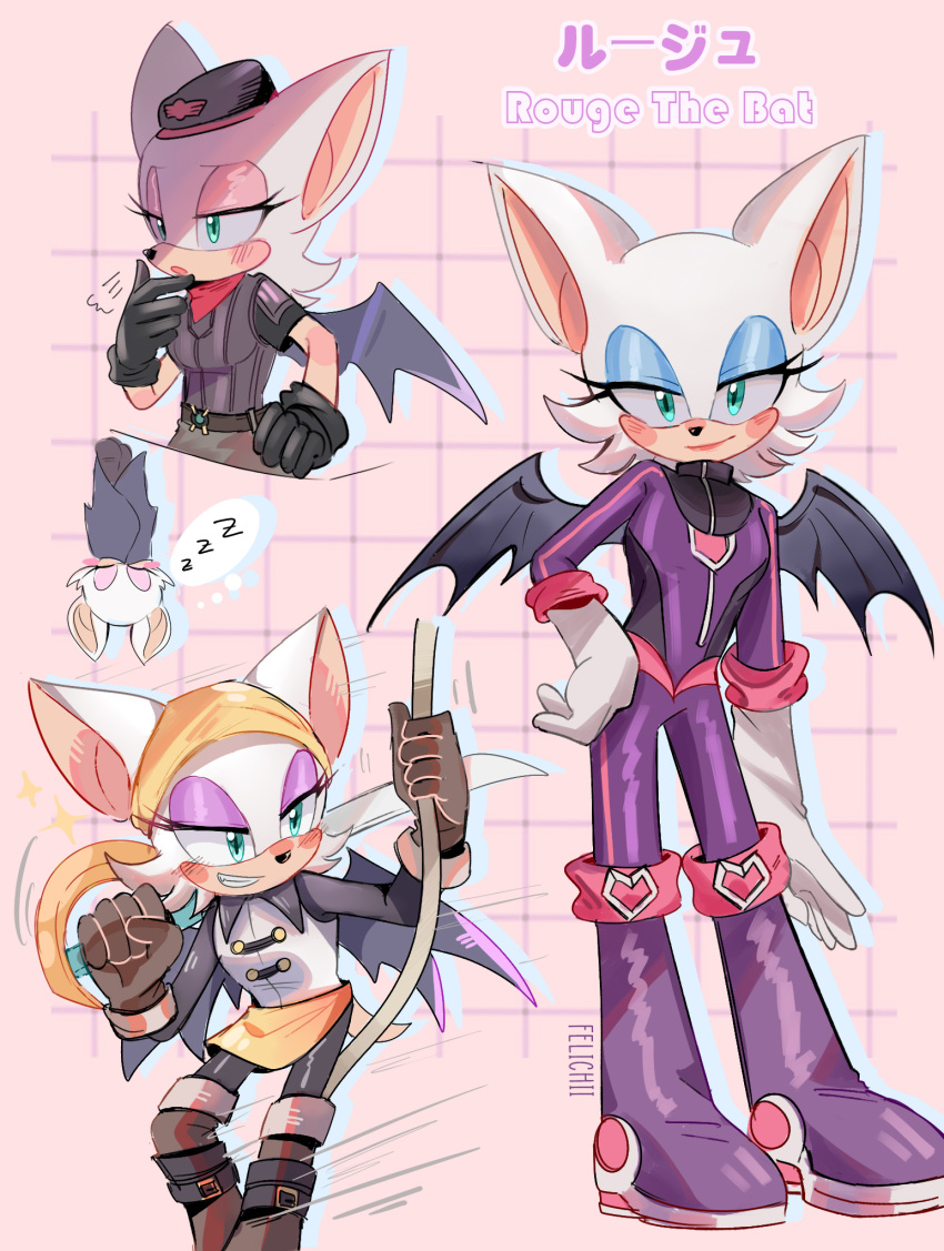 3girls, animal_ears, animal_nose, bat_ears, bat_girl, bat_wings, batten_rouge, bodysuit, commentary, felichiii, furry, furry_female, grid_background, grin, hat, highres, holding, holding_sword, holding_weapon, multiple_girls, multiple_persona, official_alternate_costume, pink_background, pirate, purple_bodysuit, rebel_rouge, rouge_the_bat, rouge_the_bat_(prime), simple_background, sleeping, smile, sonic_(series), sonic_prime, sword, upside-down, weapon, wings