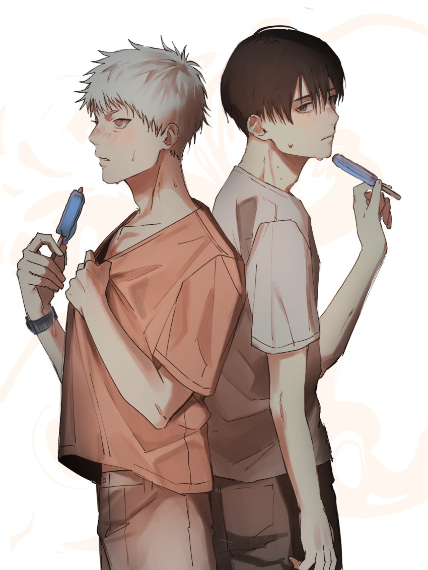 2boys, adam's_apple, alternate_costume, back-to-back, black_hair, black_pants, blush, commentary_request