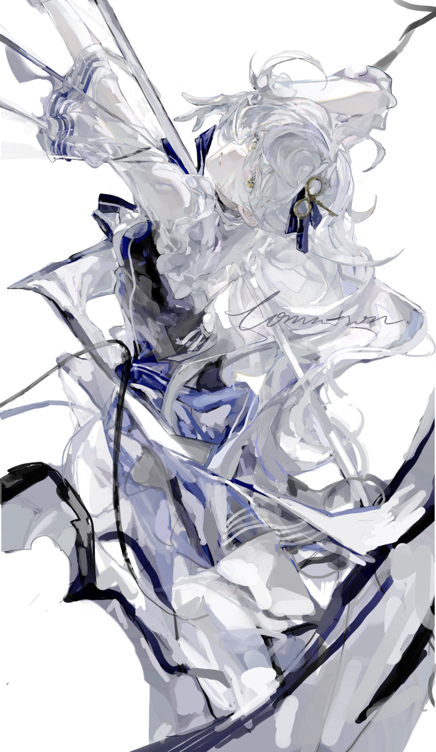 1girl, absurdres, arms_up, black_dress, burn_scar, dress, expressionless, frilled_gloves