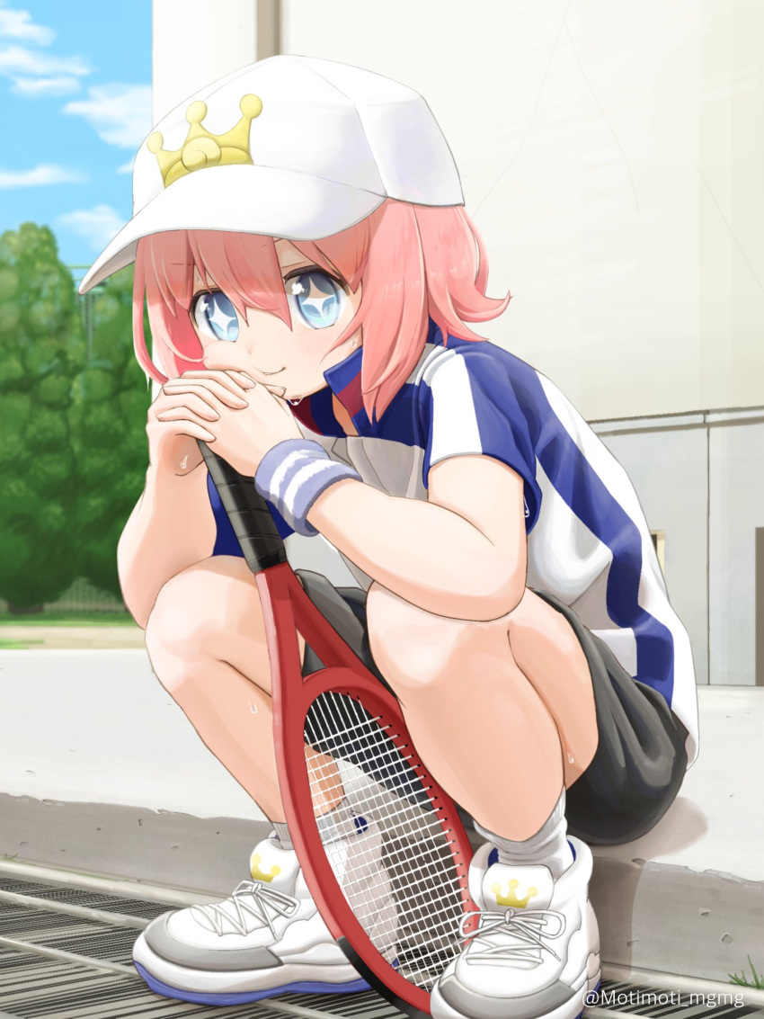 1boy, artist_name, baseball_cap, black_shorts, blue_eyes, commentary, hair_between_eyes, hat