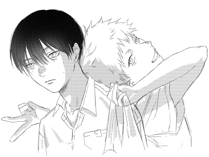 2boys, back-to-back, closed_mouth, collared_shirt, expressionless, greyscale, hair_between_eyes, hikaru_(hikaru_ga_shinda_natsu)