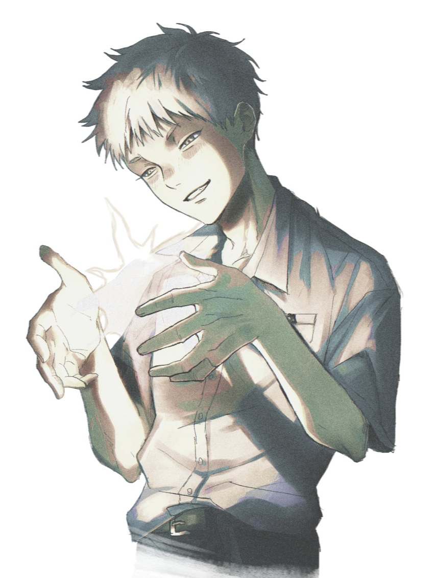 1boy, belt, black_belt, black_pants, collared_shirt, commentary_request, cropped_torso, highres