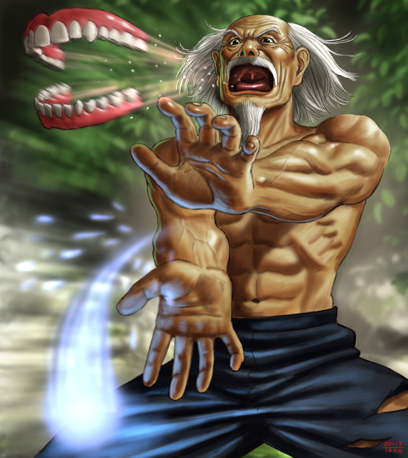 beard, copyright_request, dentures, facial_hair, flying_dentures, foreshortening, hands, kamehameha, male, matataku, muscle, mustache, old_man, pun, solo, what, white_hair
