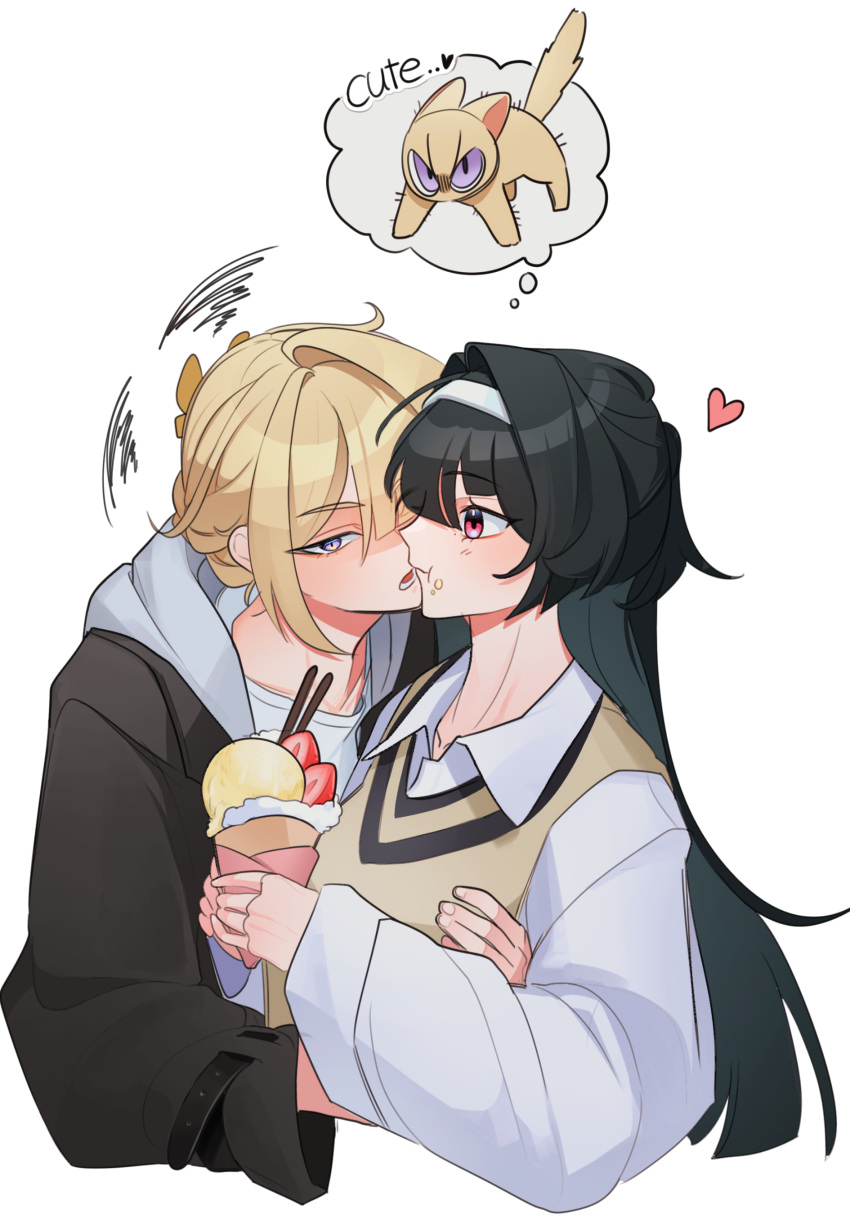 2girls, absurdres, animalization, astra_yao, black_hair, black_jacket, blonde_hair, closed_mouth