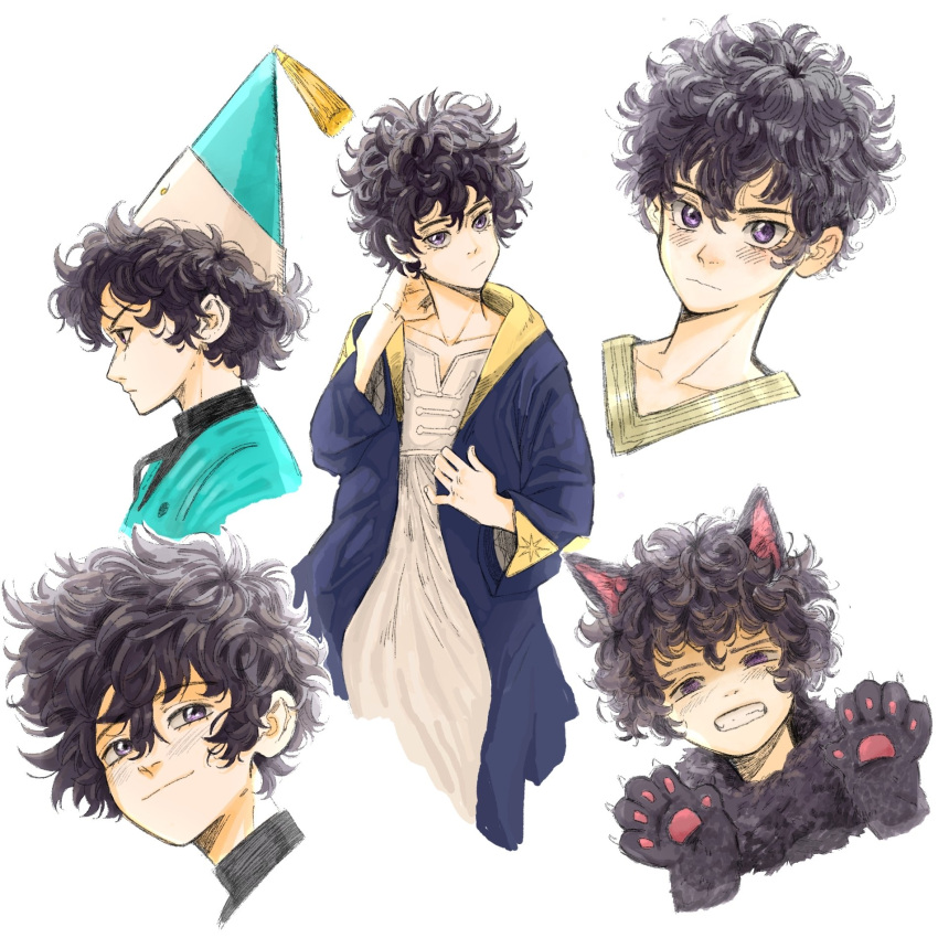 1girl, agott_(tongari_boushi_no_atelier), animal_ears, animal_hands, black_hair, collarbone, fake_animal_ears, hat, highres, imabeliva, multiple_views, qifrey's_atelier_apprentice_uniform, reverse_trap, short_hair, teeth, tongari_boushi_no_atelier, violet_eyes