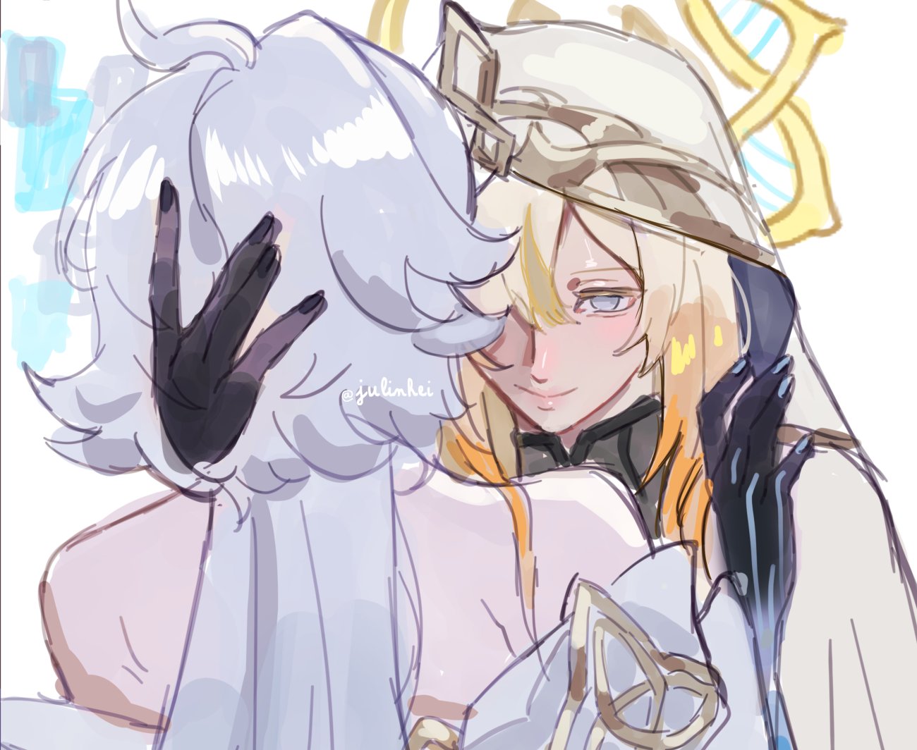 2girls, asymmetrical_bangs, bare_shoulders, blonde_hair, blue_eyes, double_helix, dress, genshin_impact, hair_between_eyes, hug, julia_(julinhei), long_hair, multiple_girls, naberius_(genshin_impact), rhinedottir_(genshin_impact), simple_background, smile, very_long_hair, white_background, white_dress, white_hair, yuri