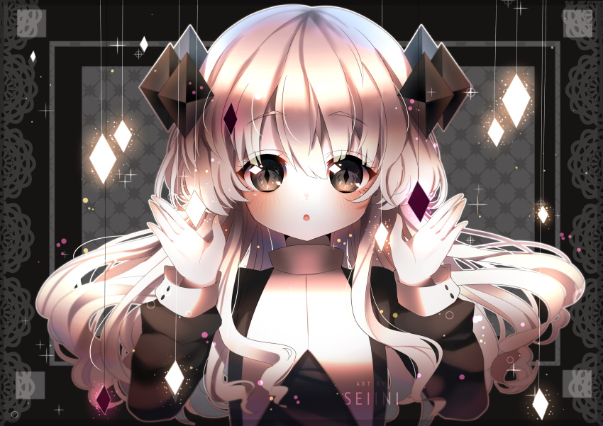 1girl, :o, black_dress, black_eyes, blush, buttons, colored_skin, crystal_hair