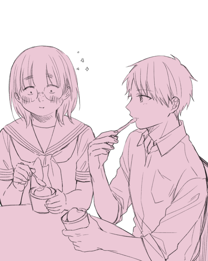 1boy, 1girl, busu_ni_hanataba_wo., eating, monochrome, neckerchief, pink_theme, sakura_roku