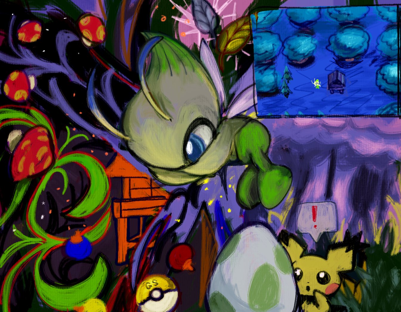 !, :o, antennae, berry_(pokemon), blue_eyes, celebi, colored_skin, egg, floating, forest, grass, green_skin, gs_ball, mushroom, nature, night, no_humans, open_mouth, oran_berry, outdoors, pichu, poke_ball, pokemon, pokemon_(creature), pokemon_egg, pokemon_focus, pokemon_gsc, speech_bubble, spiky-eared_pichu, tiny_mushroom_(pokemon), tomatopasutaaa, tree
