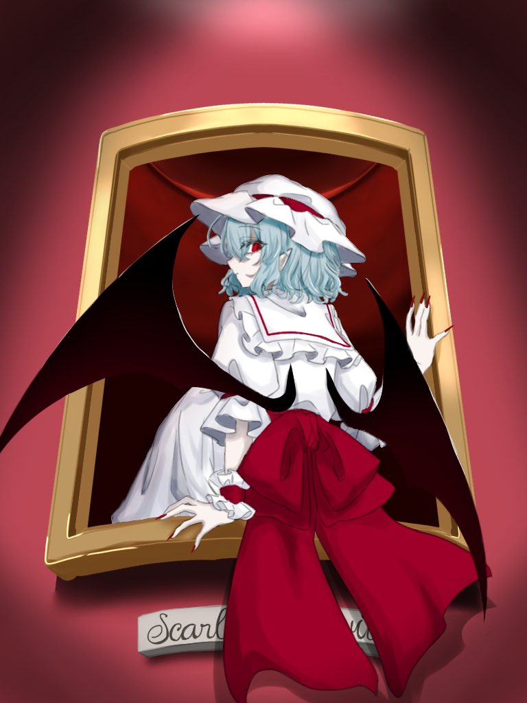 1girl, ascot, back_bow, bat_wings, blue_hair, bow, fingernails, frilled_shirt_collar