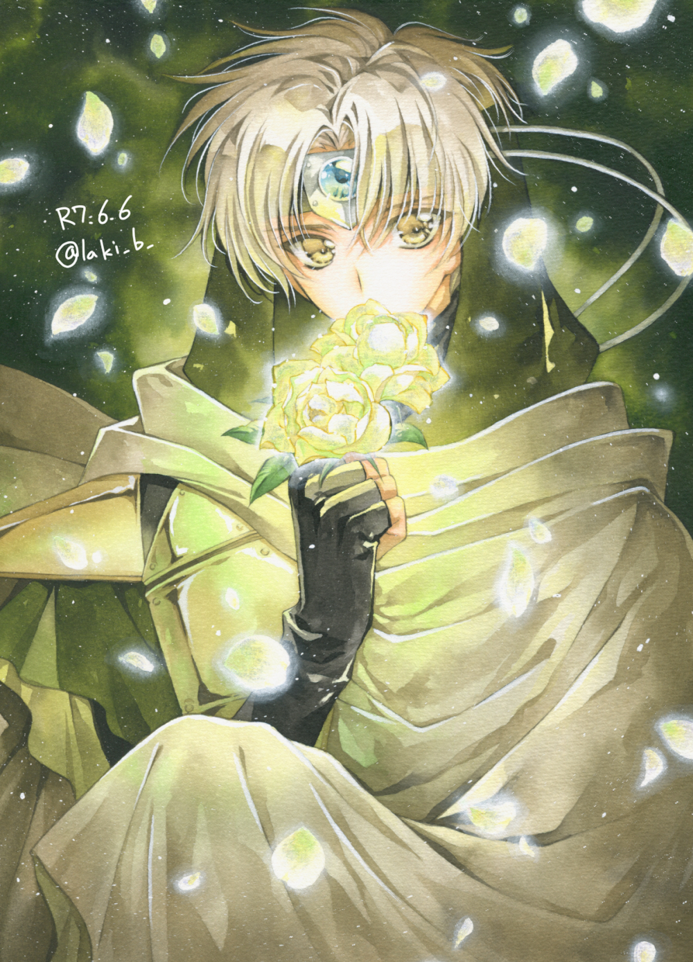 1boy, artist_name, eagle_vision, falling_petals, fingerless_gloves, flower, flower_request, gloves
