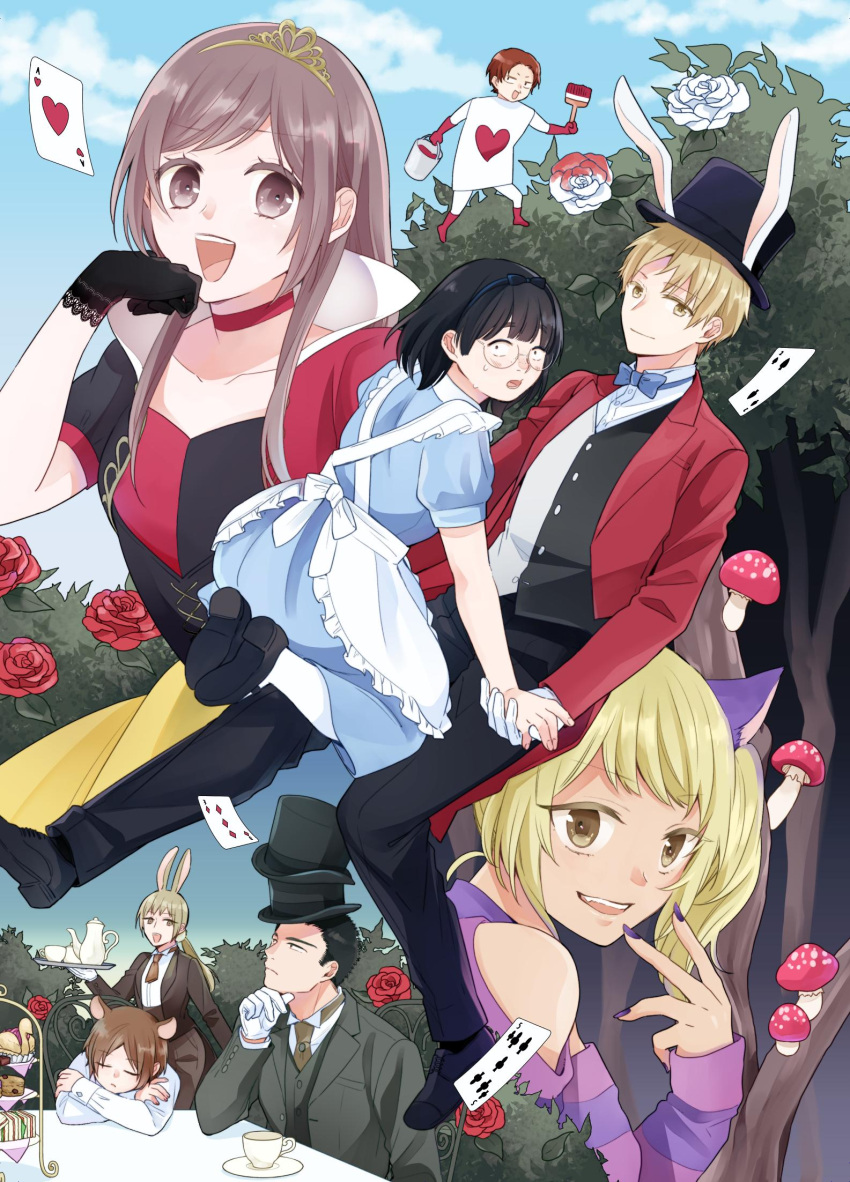 3girls, 5boys, :d, alice's_adventures_in_wonderland, alice_(alice_in_wonderland), alice_(alice_in_wonderland)_(cosplay), apron, ascot