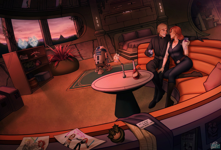 1boy, 1girl, 2dswirl, alcohol, blonde_hair, couch, couple, dating
