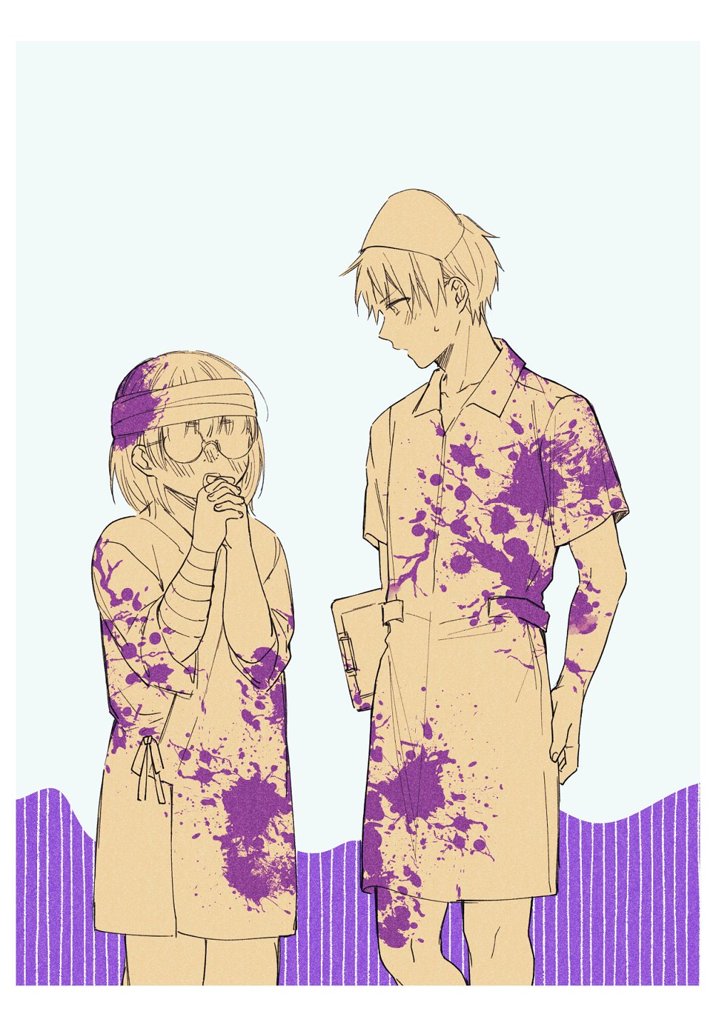 1boy, 1girl, arm_wrap, bandaged_head, bandages, blood, blood_on_clothes, blush