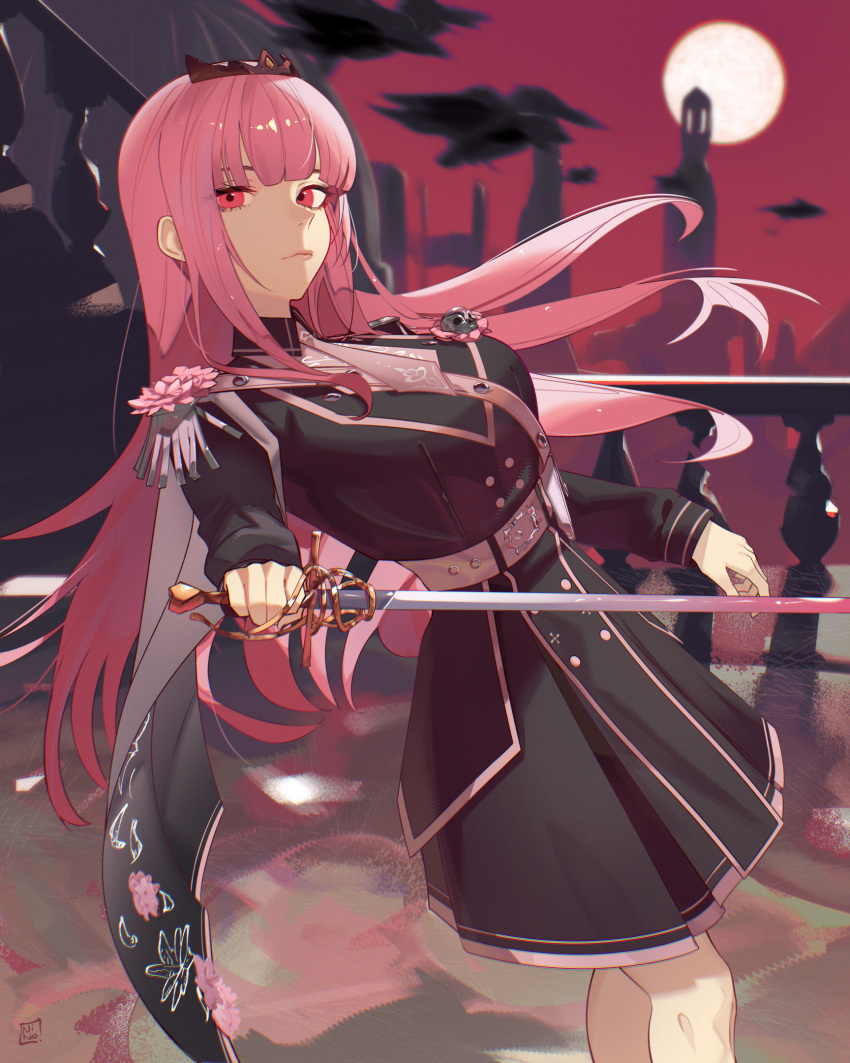 1girl, alternate_costume, bird, black_bird, breasts, closed_mouth, commentary, crow