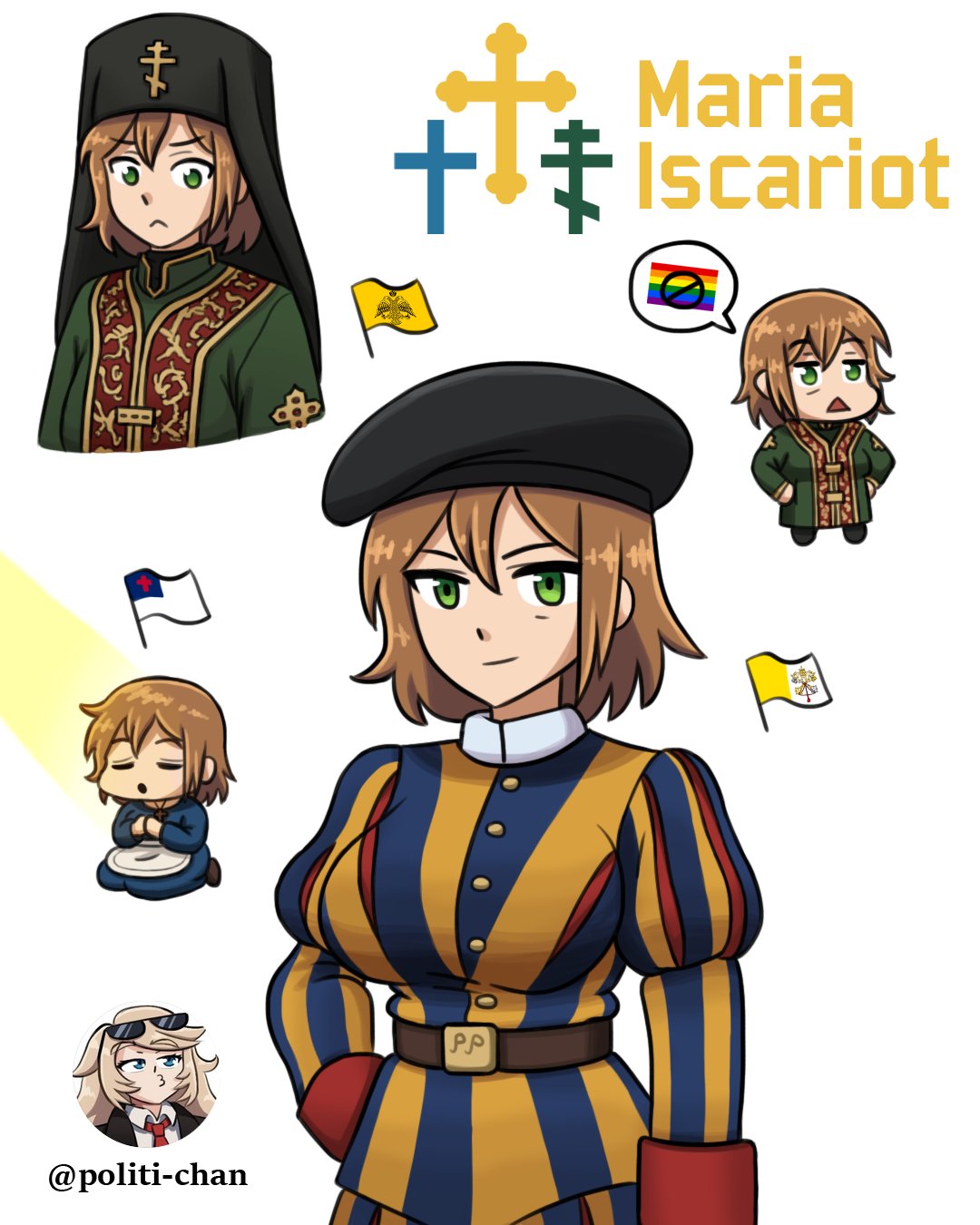 4girls, belt, beret, black_belt, black_hat, black_jacket, blue_dress, blue_tunic