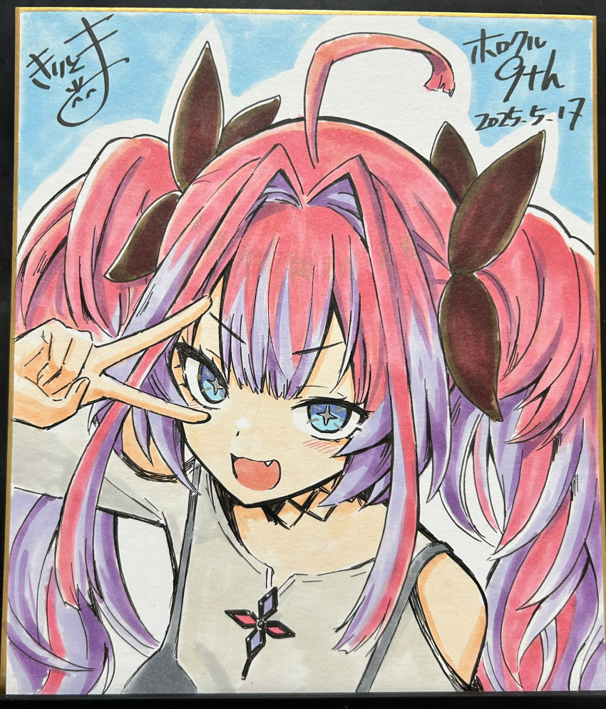 +_+, 1girl, :d, ahoge, bare_shoulders, blue_eyes, breasts, clothing_cutout, commentary_request, dated, fang, grey_shirt, hair_intakes, highres, hololive, hololive_dev_is, kikirara_vivi, kiritoma, looking_at_viewer, medium_breasts, multicolored_hair, photo_(medium), pink_hair, purple_hair, shirt, shoulder_cutout, signature, smile, solo, traditional_media, translation_request, twintails, two-tone_hair, upper_body, v, v-shaped_eyebrows, v_over_eye, virtual_youtuber