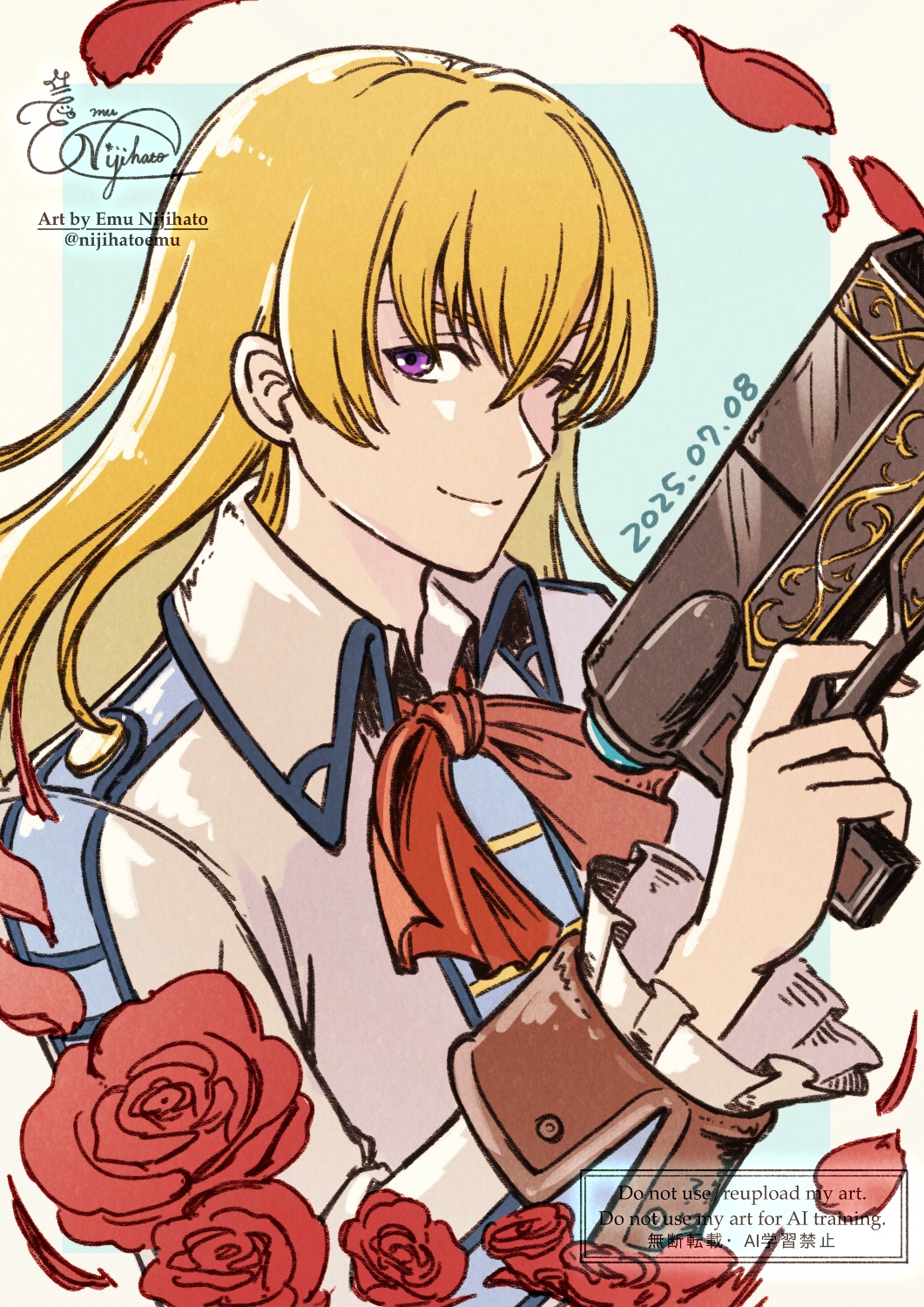 1boy, ascot, blonde_hair, blue_background, border, dated, double-parted_bangs, eiyuu_densetsu, english_text, falling_petals, floating_hair, flower, grey_border, gun, hair_between_eyes, handgun, highres, holding, holding_gun, holding_weapon, long_hair, looking_at_viewer, male_focus, nijihatoemu, olivert_reise_arnor, petals, portrait, red_ascot, rose, sideburns, simple_background, smile, solo, sora_no_kiseki, two-tone_background, violet_eyes, watermark, weapon