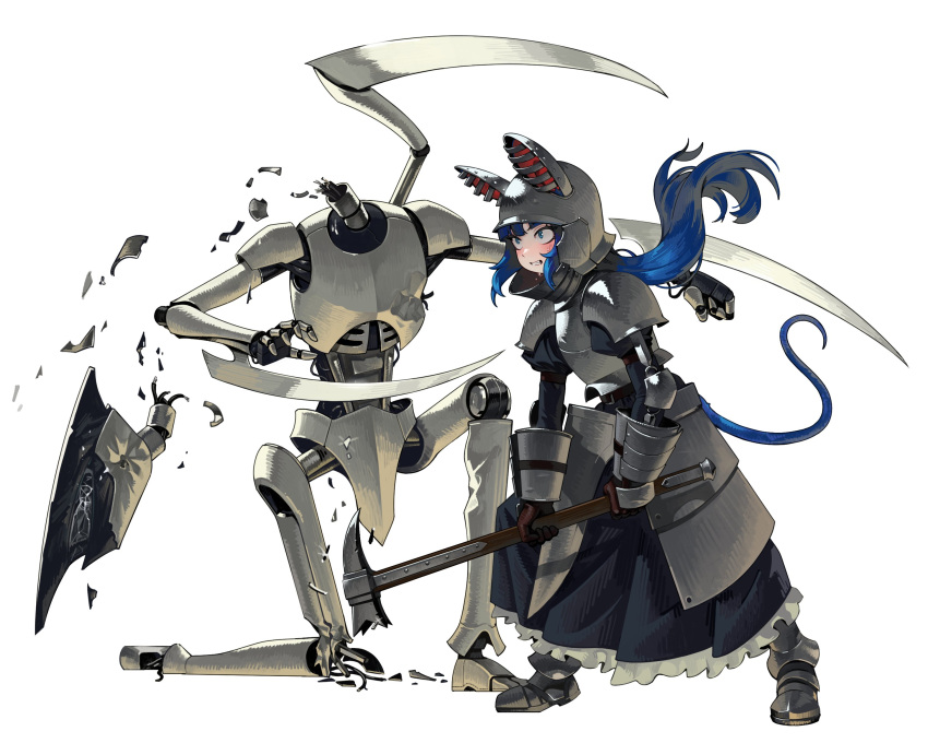 1girl, absurdres, animal_ears, armor, blade_arm, blue_eyes, blue_hair, blush