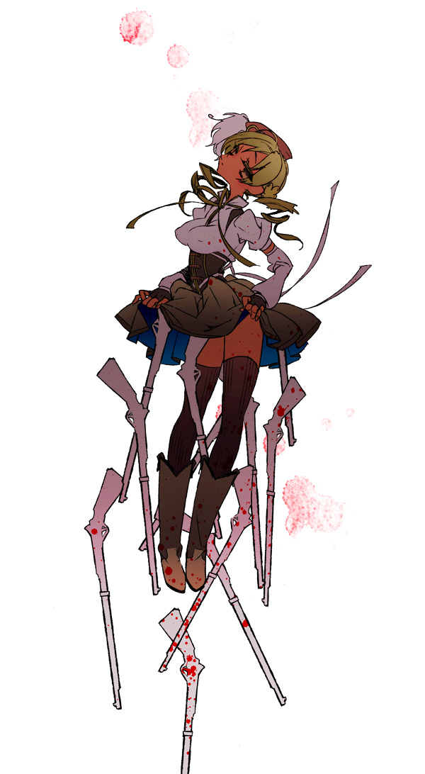 blonde_hair, gun, mahou_shoujo_madoka_magica, rifle, simple_background, skirt, solo, teyrapak