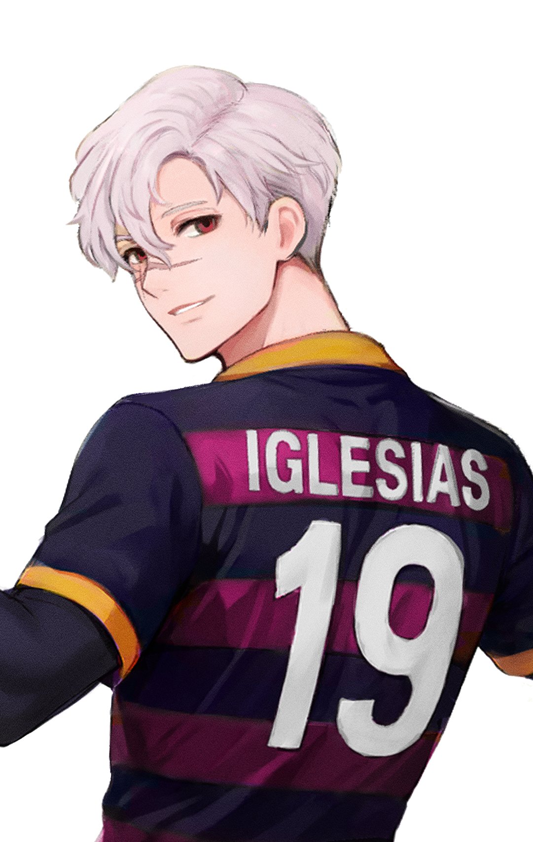1boy, back, blue_lock, bunny_iglesias, character_name, commentary, highres, light_smile, looking_at_viewer, looking_back, lunakanojo, male_focus, scar, scar_across_eye, scar_on_face, short_hair, simple_background, soccer_uniform, solo, sportswear, teeth, upper_body, white_background, white_hair