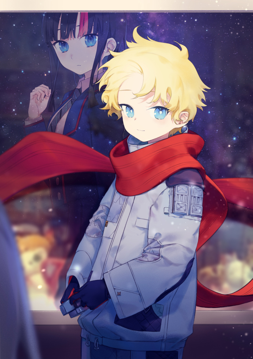 1boy, 1girl, absurdres, bishounen, black_hair, blue_eyes, blue_jacket, blue_skirt, breasts, bright_pupils, camera, coat, collared_shirt, daisi_gi, fate/grand_order, fate/requiem, fate_(series), floating_scarf, high-waist_skirt, highres, holding, holding_camera, jacket, long_sleeves, medium_breasts, medium_hair, multicolored_hair, necktie, night, night_sky, official_alternate_costume, open_clothes, open_jacket, pants, pink_hair, red_scarf, scarf, shirt, sidelocks, skirt, sky, star_(sky), starry_sky, streaked_hair, utsumi_erice, utsumi_erice_(mission_start), voyager_(fate), voyager_(over_the_same_sky)_(fate), white_coat, white_pants, white_pupils, white_shirt