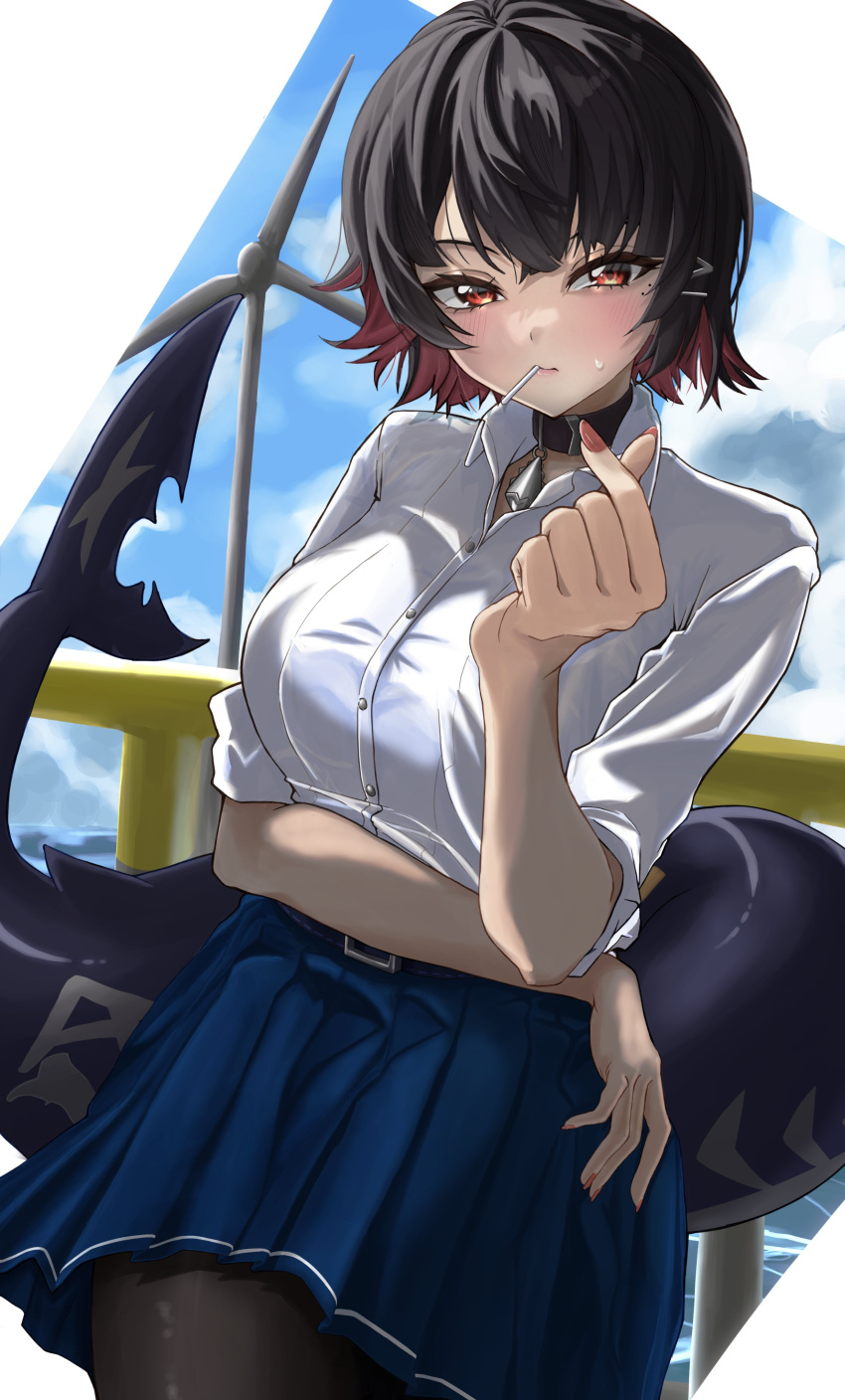 1girl, absurdres, arm_under_breasts, black_hair, blue_skirt, blush, breasts, candy