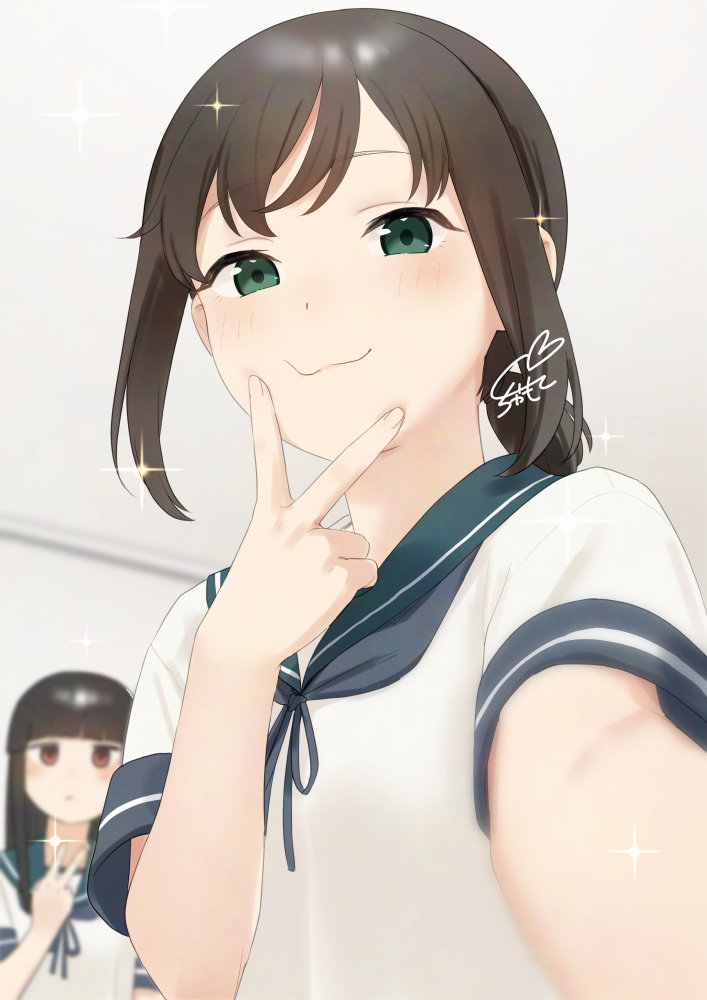 2girls, :3, adversarial_noise, black_hair, blue_neckerchief, blunt_bangs, blush, brown_hair