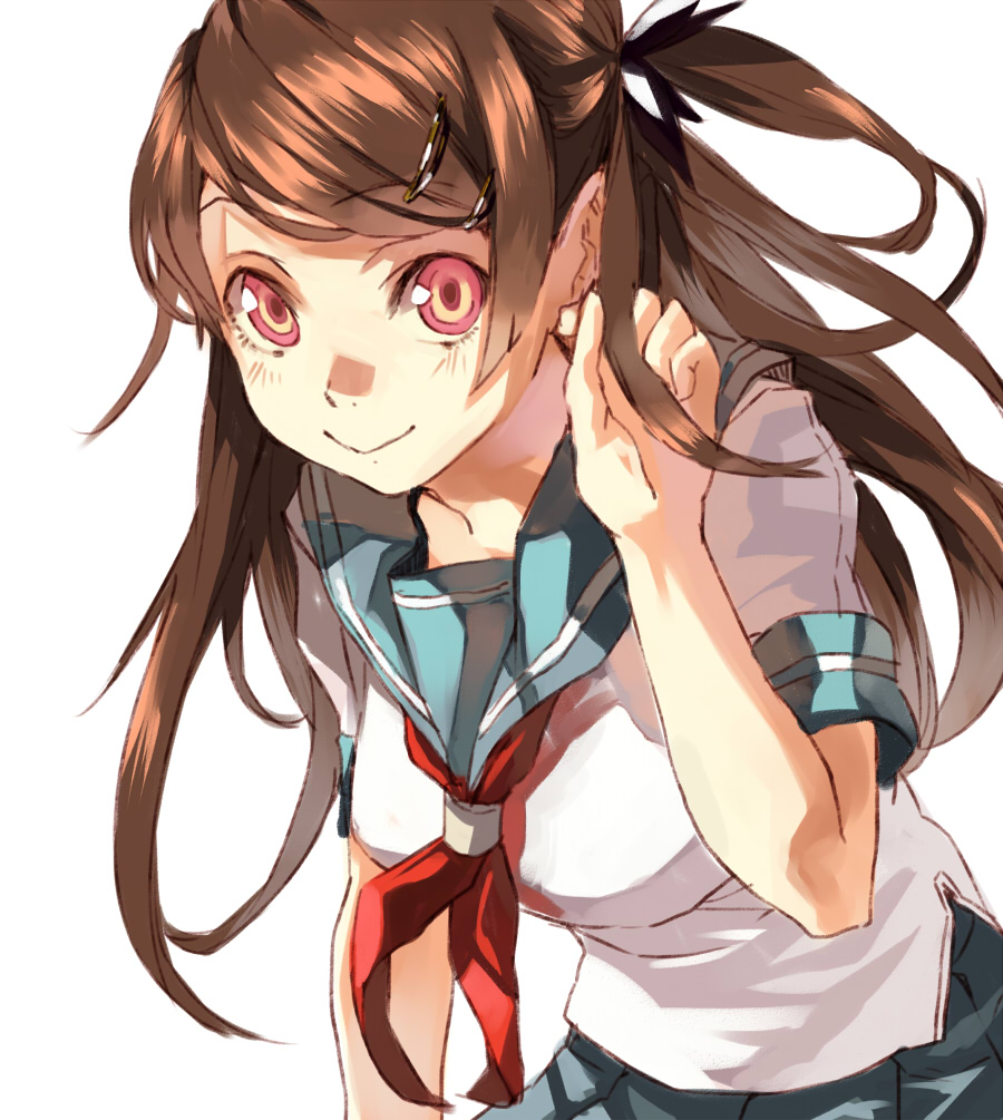 bad_id, blush, breasts, brown_hair, face, hair_ornament, hair_tucking, hair_tussle, hairclip, hands, kusanagi_kikoku, long_hair, multicolored_eyes, orange_eyes, original, pleated_skirt, red_eyes, ringed_eyes, school_uniform, serafuku, shit505, simple_background, skirt, smile, solo