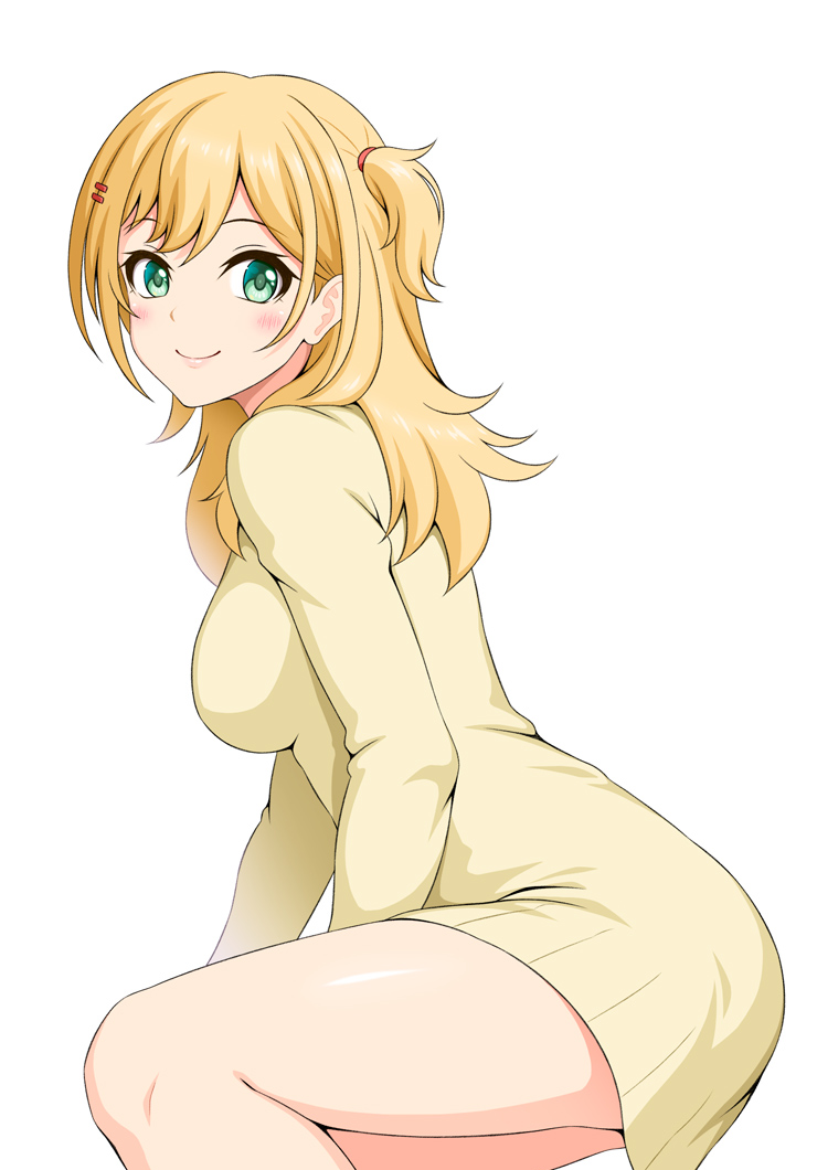1girl, arm_support, blonde_hair, breasts, closed_mouth, dress, green_eyes, hair_ornament